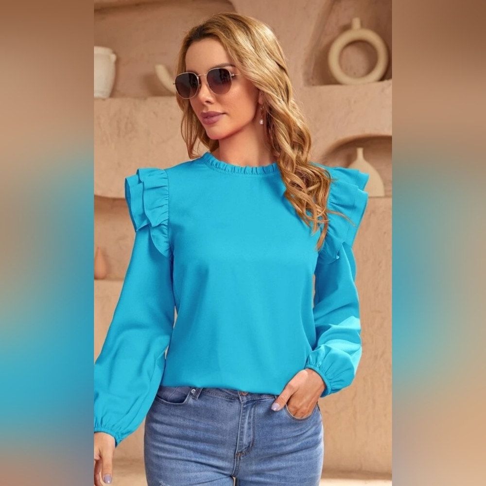 SHEIN Sky Blue Long Sleeve Ruffled Casual Top - Large - Brand New.